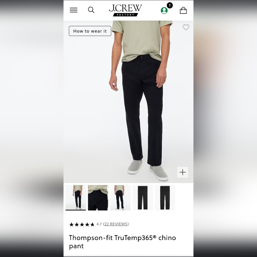 NWT- J. Crew Factory men's Thompson-fit TruTemp365 chino pant, black, 38x32